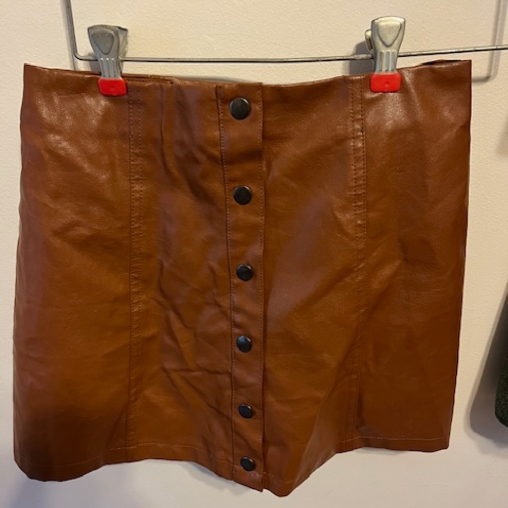 Faux leather brown button down mini skirt
